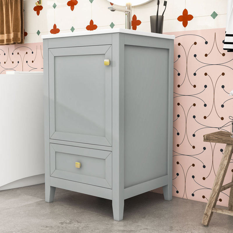 Meuble-lavabo de salle de bain avec lavabo, support de rangement et tiroir, Gris