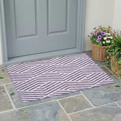 2' X 3' Purple and White Geometric Washable Non Skid Indoor Outdoor Area Rug