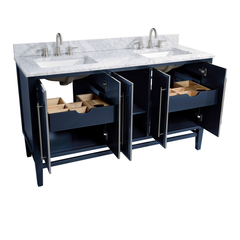 Meuble-lavabo double 60 po avec comptoir en marbre de Carrare Ewen, Blanc de Carrare, Bleu marine, Argent brossé