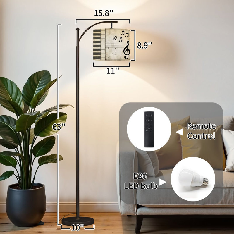 Arc Floor Lamp with Adjustable Lampshade Vintage Music Piano Keys Treble Clef Floating Musical Standing Lamp 3 Color Temperatures Dimmable Tall Pole Lamp with Foot Switch for Bedroom