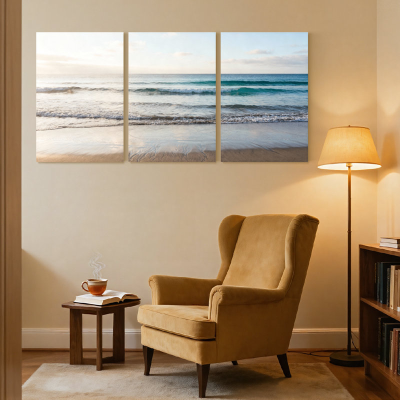 Plage, océan, vagues, plage, lever du soleil, ciel, sable, eau, horizon, ensemble de 3 impressions sur toile