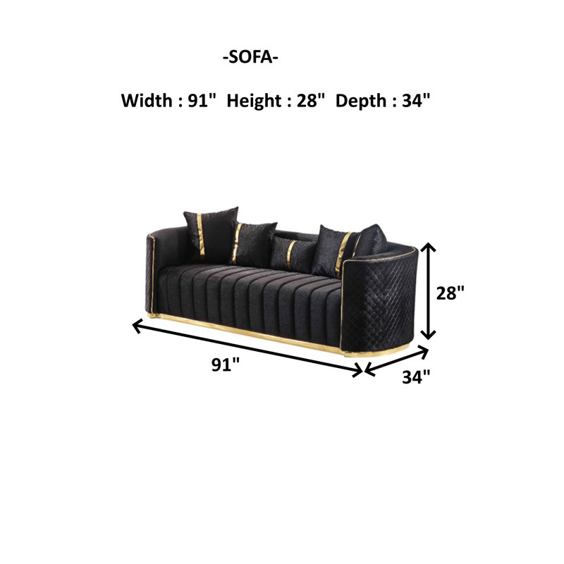 Jotaa 3-Piece Velvet Living Room Set – Sofa & Two Chairs, Black with Gold Trim