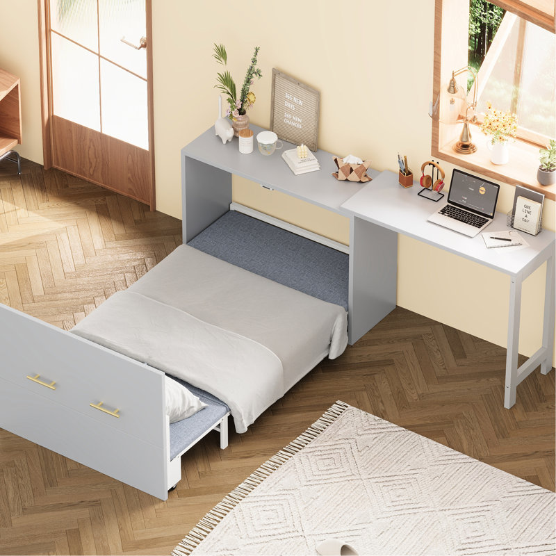 Lit simple avec bureau repositionnable et coussin pliable, élégant pour les petits espaces de vie, capacité de poids réglable de 500 lb, pièces élégantes intégrées, capacité de charge