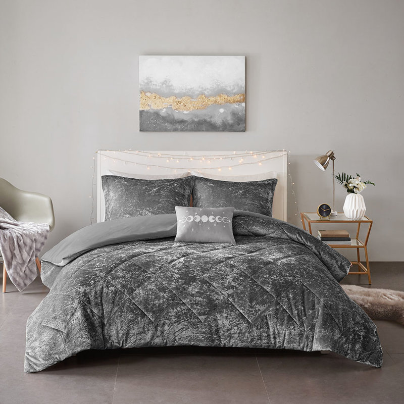 Housse de couette simple / simple en velours gris avec fermeture à boutons