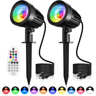15W RGB High Voltage LED Outdoor Spotlight 2 Pack with Remote, IP66 Waterproof Color Changing Landscape Light for Yard Garden Christmas Halloween Decor