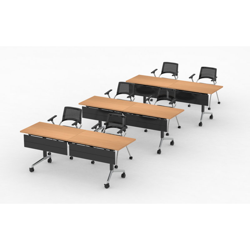 Tables de formation mobiles commerciales et chaises de travail gigognes avec alimentation intégrée | Ensemble de 3 tables et 6 chaises | Tables gigognes pliables de 80 po | Mobilier de salle de conférence et de classe | Hêtre | Sièges 6