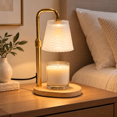 Lampe avec chauffe-bougie givré avec base en bois, minuterie et gradateur, fond de cire à hauteur réglable pour bocaux de bougie parfumée, décoration intérieure et cadeau de pendaison de crémaillère