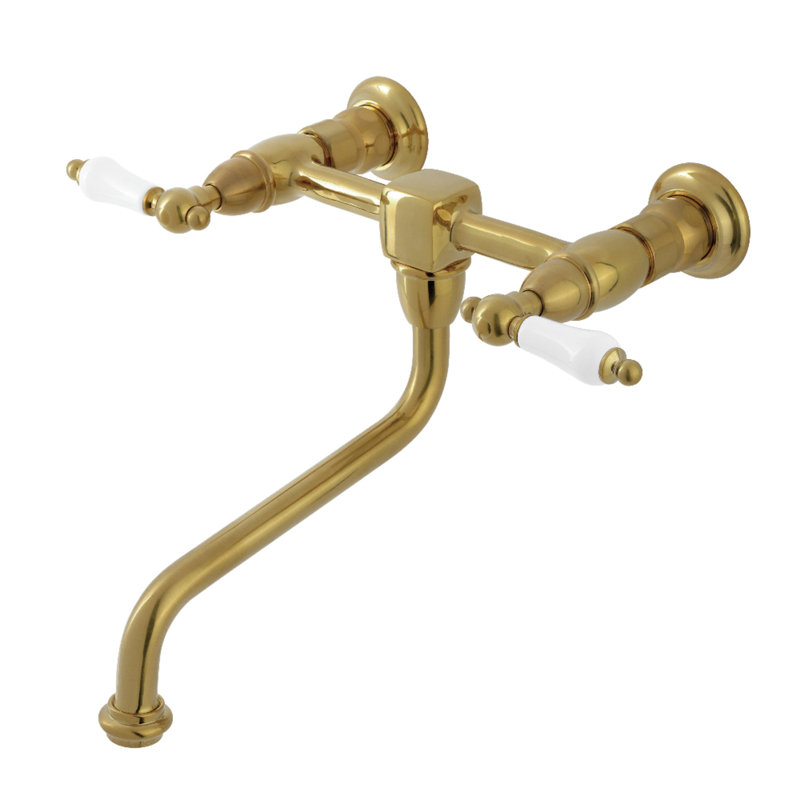 Kingston Brass Heritage Two-Handle 2-Hole Wall Mount Bathroom Faucet, Brushed Brass/White