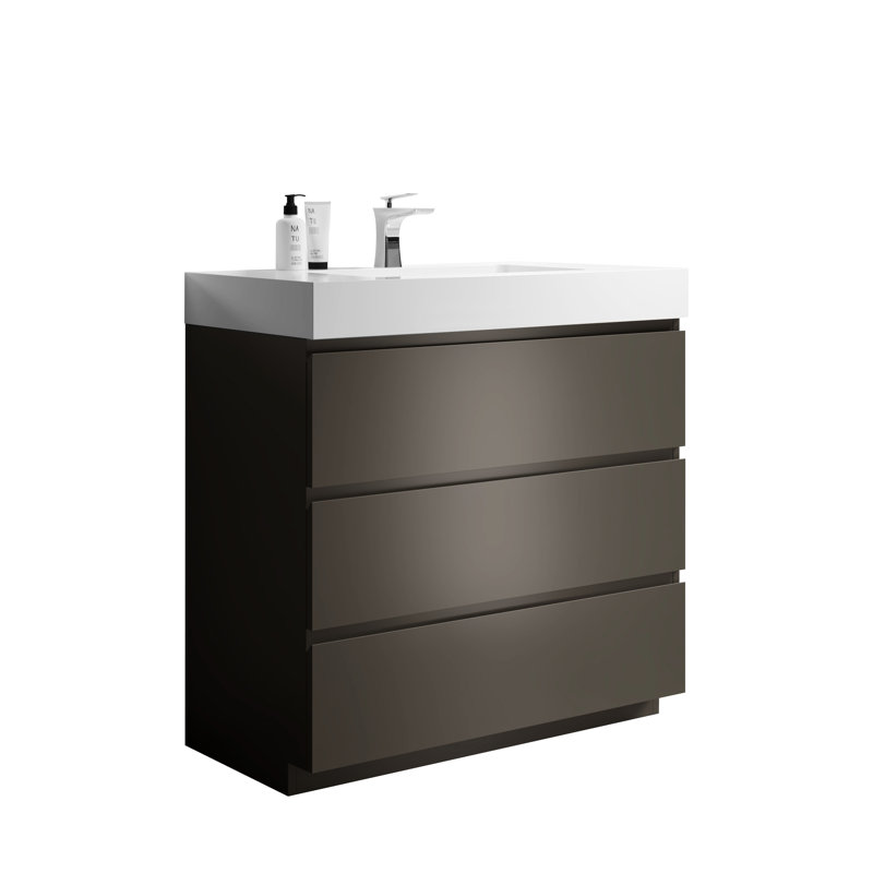 36" Bathroom Vanity Gray - Modern & Practical. Large Storage, Sleek Finish. Silent Smooth. White Sink Basin. Pre-Assembled Design. Max Ergonomic