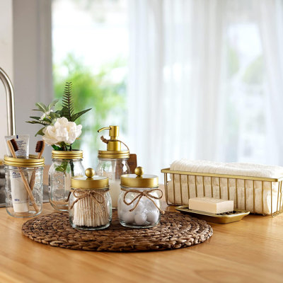 6Pcs Mason Jars Bathroom Accessories Set - Toothbrush Holder, Soap Dispenser, cotton swab Holders, Soap Dish, Wire Paper Storage, Farmhouse Decor