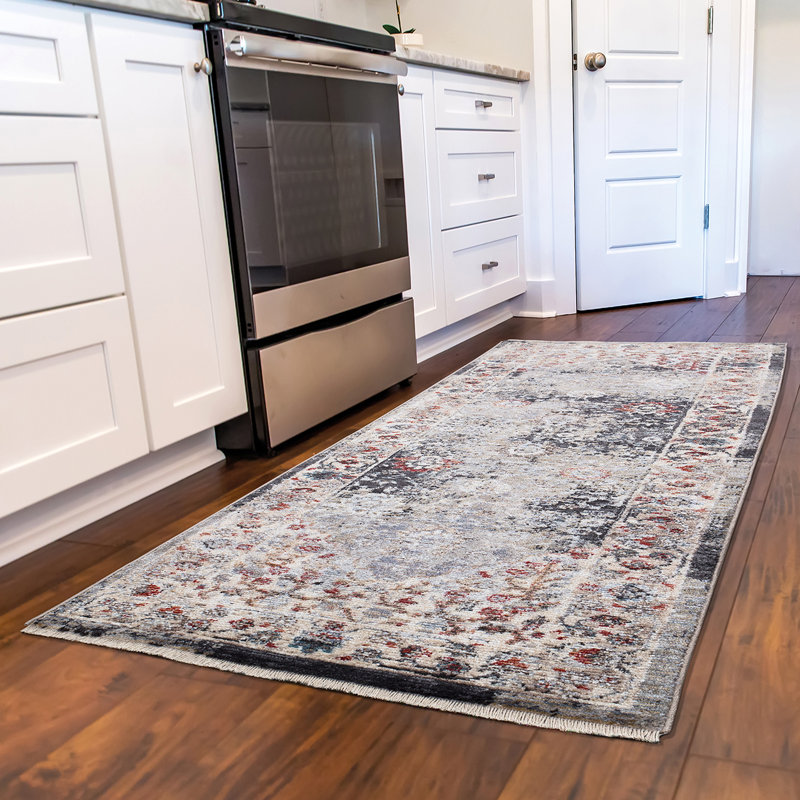 Tapis gris gris à motif esthétique antique, Tapis de couloir 2 pi 3 po x 7 pi 3 po