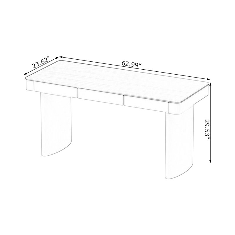 Bureau rectangulaire en bois manufacturé rose avec 3 tiroirs, H 29,53 po x L 62,99 po x l 23,62 po, Rose