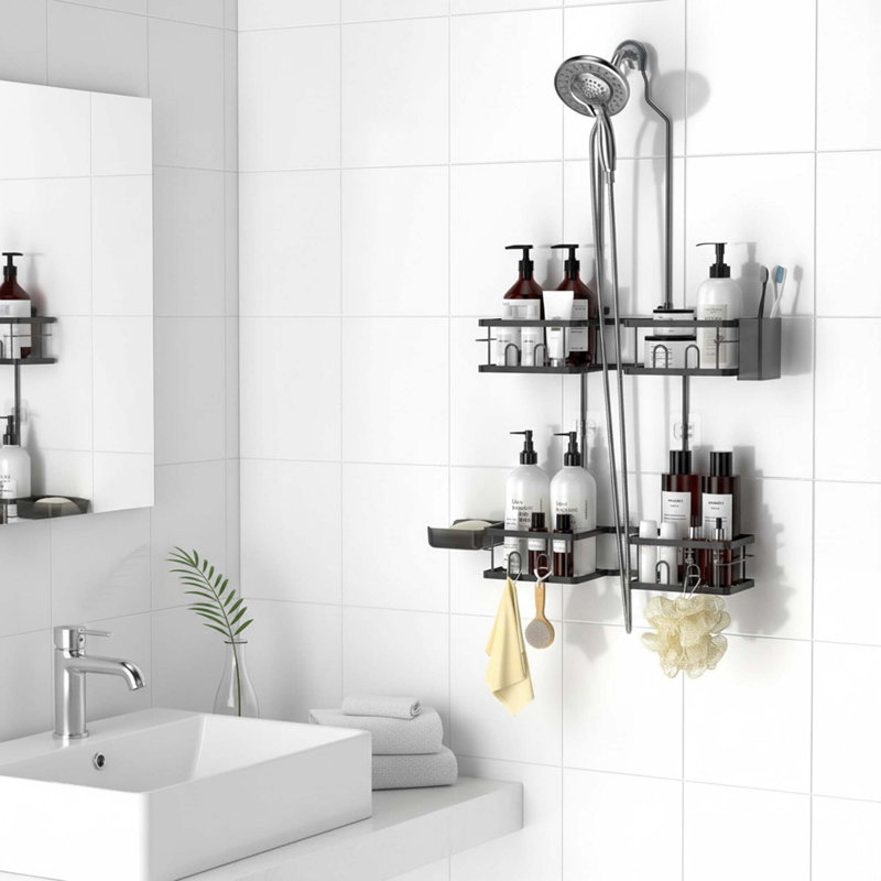 Anti-Swing Adjustable Hanging Shower Caddy Rustproof for Handheld Showerheads with Hooks Soap Toothbrush Holder Black Bathroom Organizer