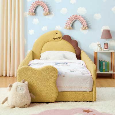 Twin Size Cute Dinosaur-Shaped Kids Bed with Safety Guardraild, Solid Wood Toddler Bed Frame for Children for Bedroom, Boucle Fabric