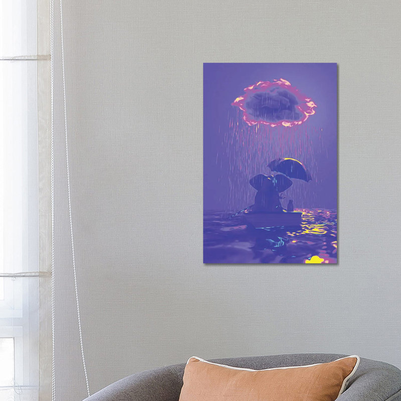 An Elephant And A Dog Float In A Boat In The Rain IV by Mike Kiev - Wrapped Canvas Print, 66.04 cm H x 45.72 cm W x 1.91 cm D