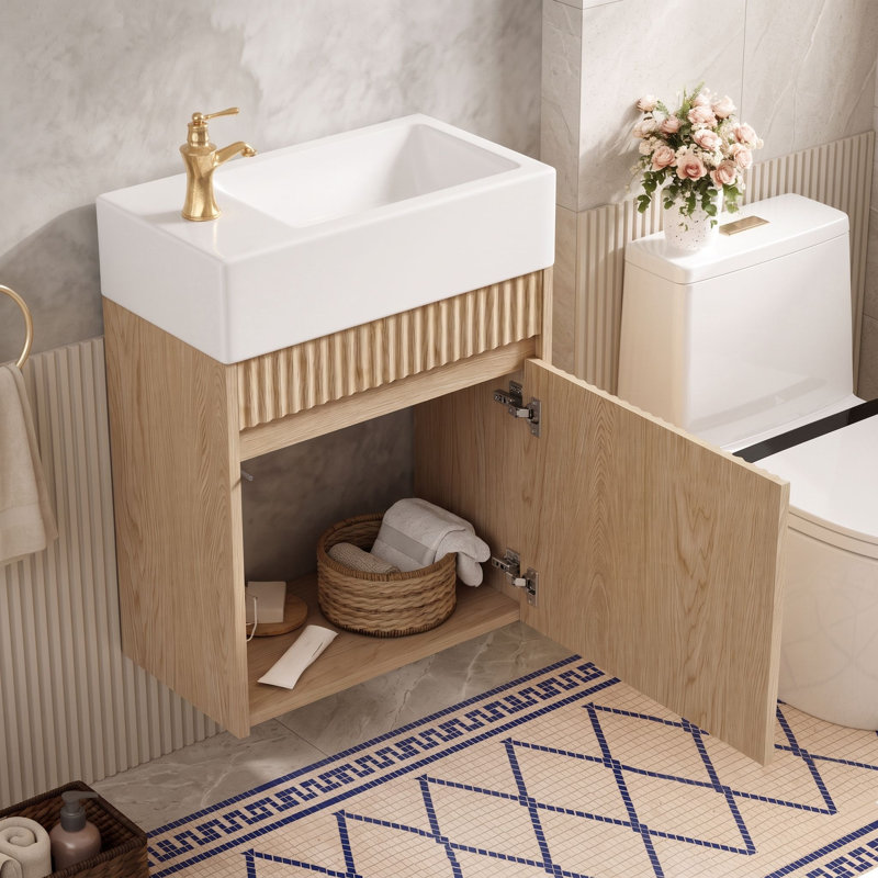 Meuble-lavabo mural avec lavabo en résine, charnières à fermeture douce et rangement sous lavabo