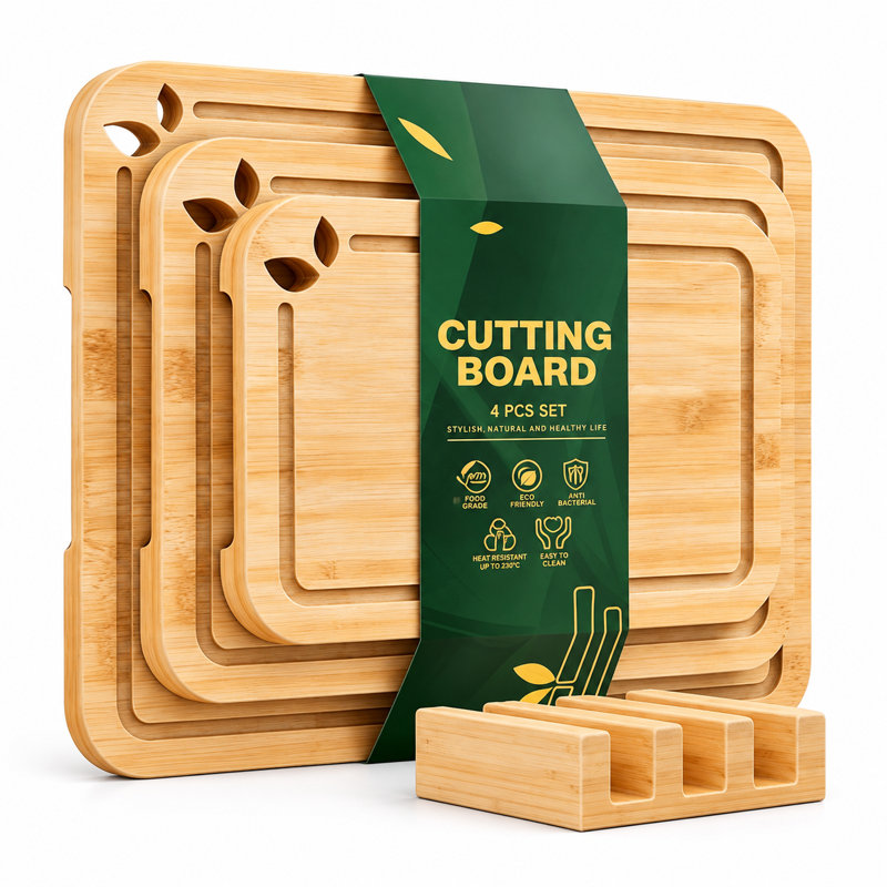 Ensemble de planche à découper en bambou naturel de qualité supérieure 4 pièces, avec rainures à jus, support de rangement et tapis antidérapant, planches de préparation de cuisine multi-tailles pour légumes à la viande, cadeau idéal pour les cuisiniers amateurs