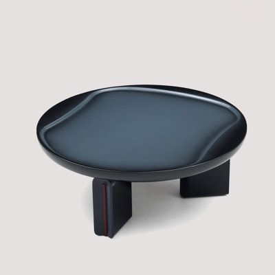 Modern Round Coffee Table, High Gloss MDF with Concave Top and 3-Leg Base, 33.46 inch Width, Black and Blue Two-Tone