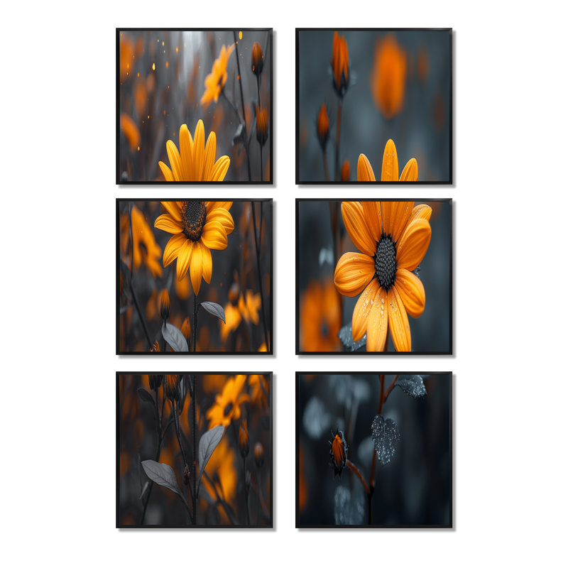 «Daisy Bloom» jaune - impression d'art mural marguerite, ensemble de 6, Impression encadrée sans passe-partout, Noir