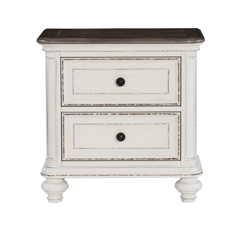 Table de chevet pour chambre à coucher en blanc antique et brun avec tiroirs pratiques, optimisation de l'espace à 2 tiroirs