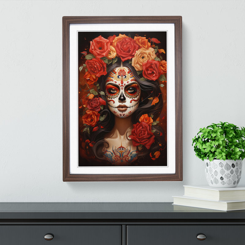 Sugar Skull Classicism - Single Picture Frame Print on Wood, Walnut, 46cm H x 34cm W x 2cm D