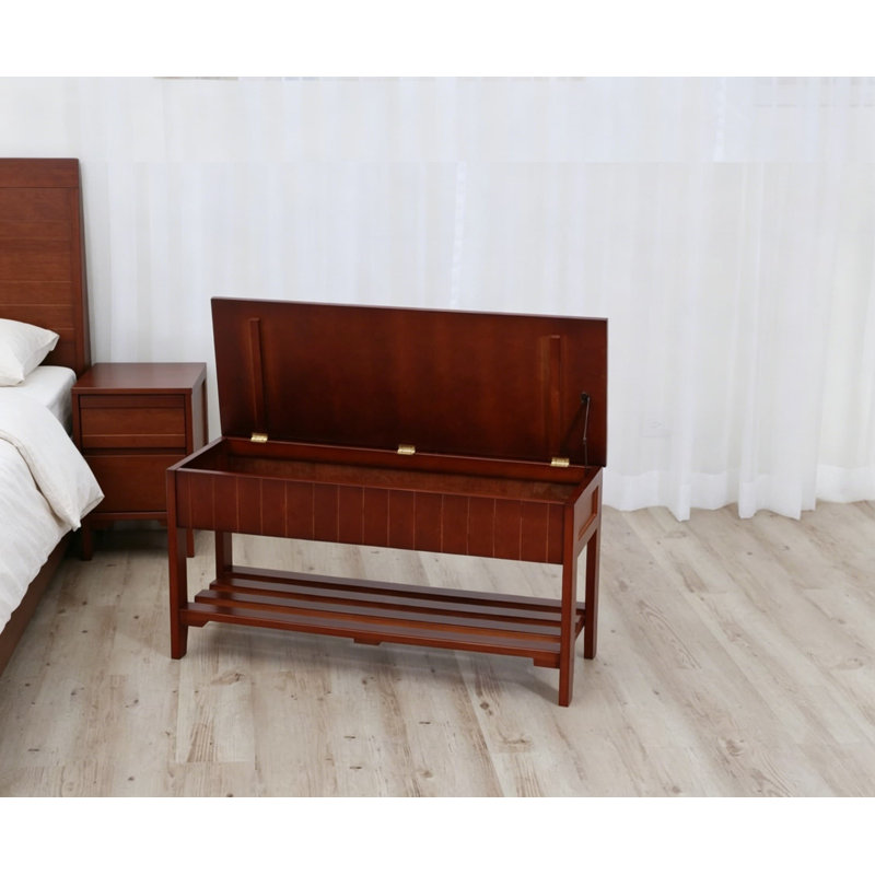 Banc à chaussures en bois massif avec rangement, finition cerisier, banc d'entrée de 35,5 pouces pour le couloir, la chambre à coucher ou le vestibule