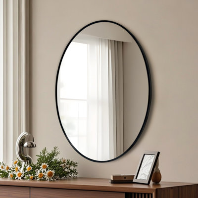 Black Oval Wall Mirror Modern Slim Aluminum Frame Bathroom & Bedroom