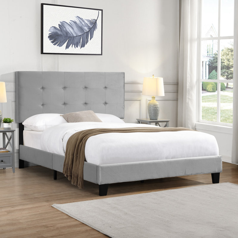 Grey Full Size Upholstered Bed With Headboard, Substantial Wood Slat Support, Mattress Foundation, No Box Spring Needed, Simple Assembly Process Modern Platform Strong Base, Effortless Setup,