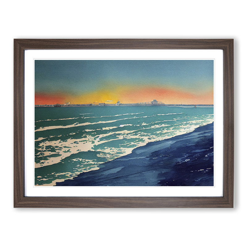 Beach In Watercolour Vol.4 - Single Picture Frame Painting, 46cm H x 64cm W x 2cm D, Walnut