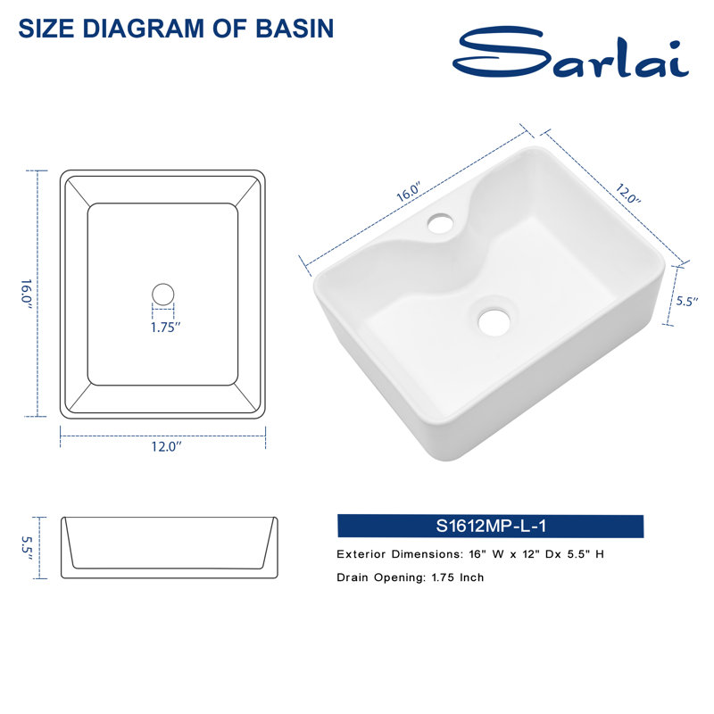 Lavabo de salle de bain rectangulaire en céramique blanche avec trou pour robinet L 16 po x l 12 po