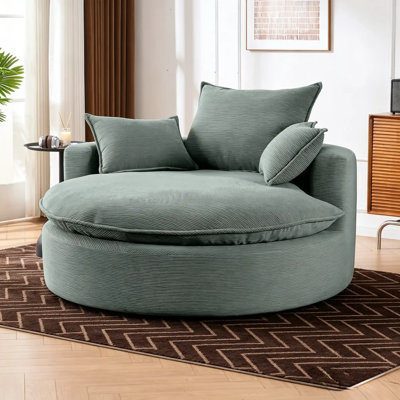 58" Gray Swivel Barrel Chair, 360° Rotation, Dual Cushion & 3 Pillows