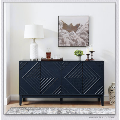 60.5'' Farmhouse Fluted Sideboard With Geometric Pattern, Adjustable Shelves, And Mid-Century Modern TV Stand For Living Room And Dining Room