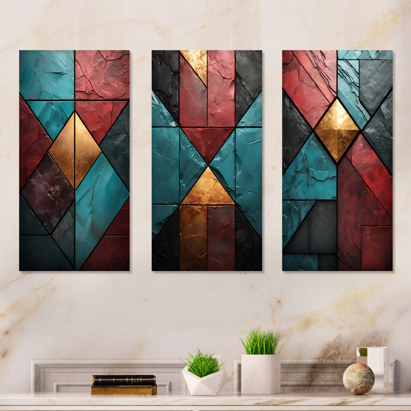 «Blue and Red Chevron Tiles Elegance I», ensemble de 3 reproductions d'art sur toile, Toile tendue, H 28 po x l 36 po