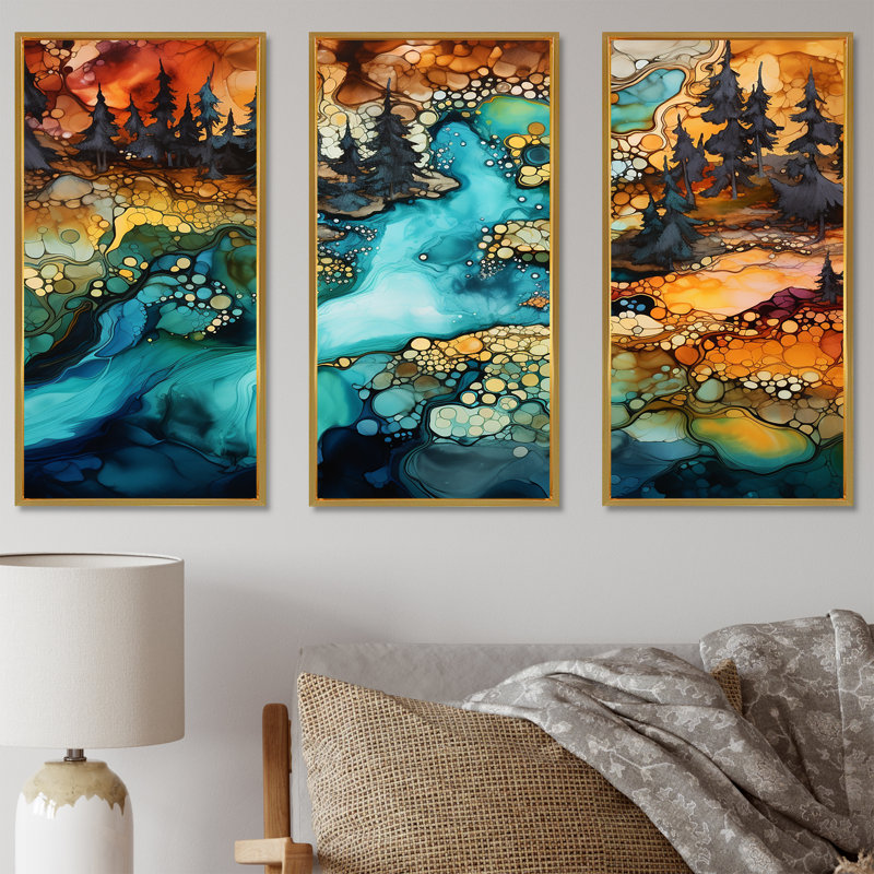 «Dreamscape Lakes Rivers», art mural à l'encre liquide «River», Cadre flottant doré, H 28 po x l 36 po x P 1 po