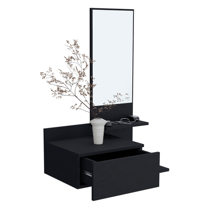 Vienna 23.6" Wide 3-Tier Shelf  Floating  Mirror Console Table, Full Extension Drawer White, Black