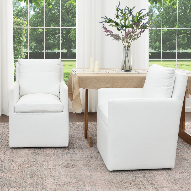 Cathlino 25" Wide Modern No Assembly Upholstered Linen Down Fill Dining Armchair with Interchangeable Casters & Fixed Feet (Set of 2)