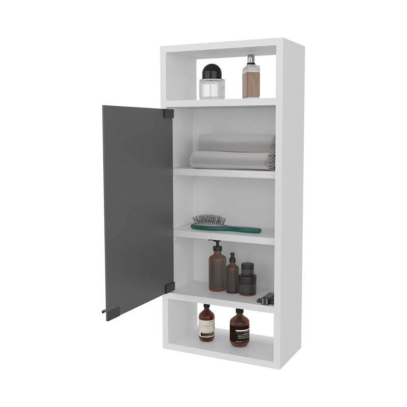Armoire de rangement murale moderne avec porte miroir et tablettes ouvertes, peu encombrante et élégante