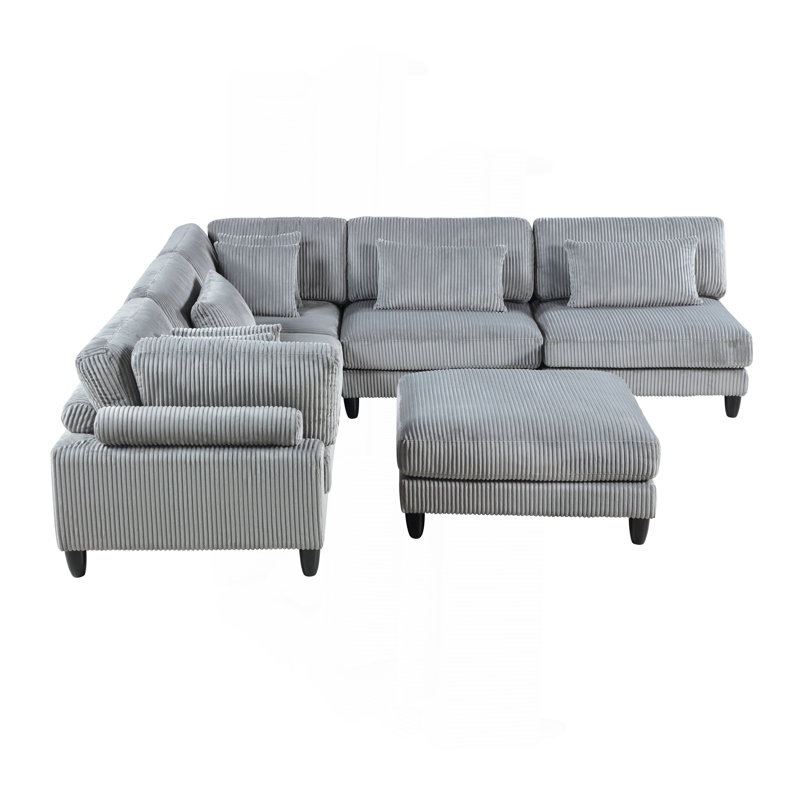 Ensemble de canapé modulaire 6 pièces 6 pièces Fauteuil sans accoudoirs en velours côtelé gris 3 sièges de coin 2 coussins de salon 1 coussin