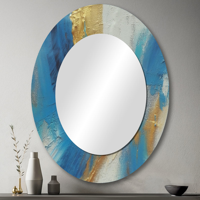 Sudden Sensuality - Turquoise abstrait et doré - Miroir décoratif abstrait ovale sur métal, 43 po x 33 po