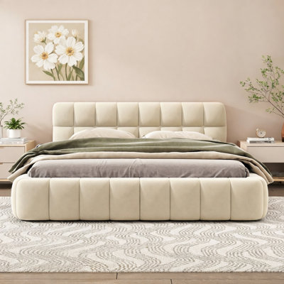 Grand lit plateforme tapissier avec tissu épais, lit au sol avec structure solide, beige