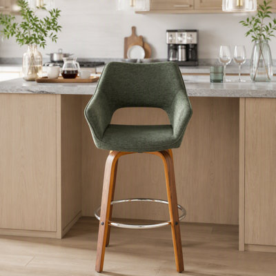 Tabouret de bar à hauteur fixe avec pivot en bois de noyer et tissu vert avec repose-pieds en métal chromé - ensemble de 2