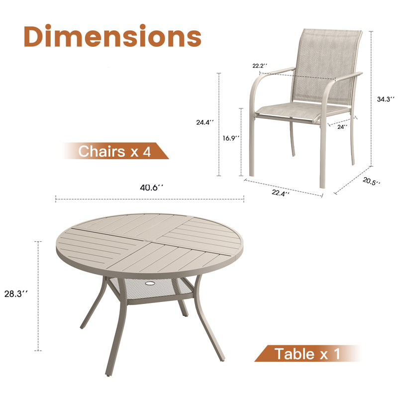 4-Person Patio Dining Set with Round Dining Table and 4 Stackable Textilene Armrest Chairs (Set of 5)