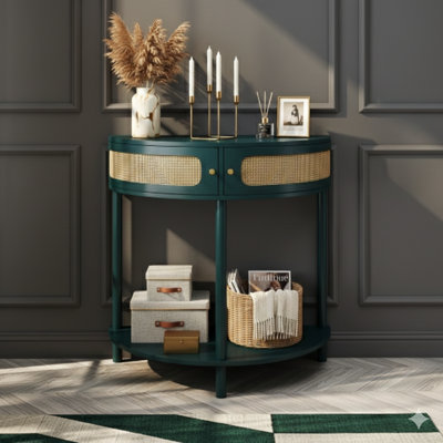 Stylish Semi-Circular End Table Featuring A Unique Crescent Shape And A Sliding Rattan Door. This Elegant Entryway Console Includes Two Rattan-Front Storage Compartments And A Bottom Shelf, Ideal For The Living Room, Bedroom, Study, Or Hallway. Color: Gr
