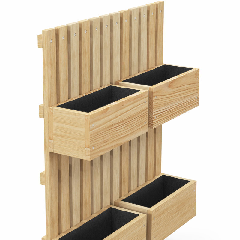 4 Box Raised Garden Bed W/ Trellis For Climbing Plants, Wall-Mounted Wood Planters W/ Drainage Holes, Natural
