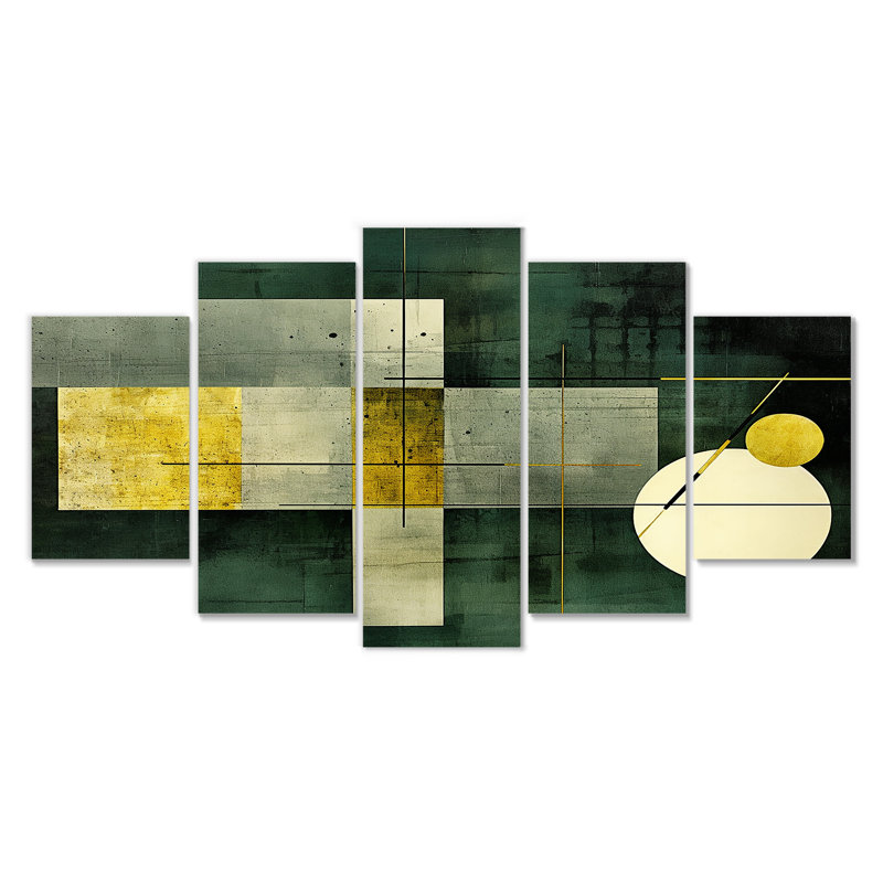 Ensemble de 5 art géométriques rétro vert blanc or - vagues modernes abstraites, H 32 po x l 60 po