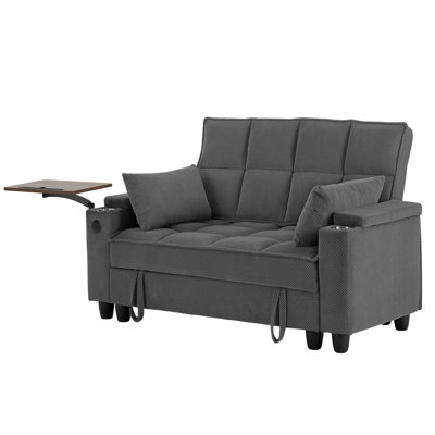 61" Upholstered Loveseat Sofa with Hidden Storage Armrests, Under-Seat Storage, 360° Swivel Tray Table, USB Charging Ports and 2 Cup Holders for Living Room, Apartment & Home Office
