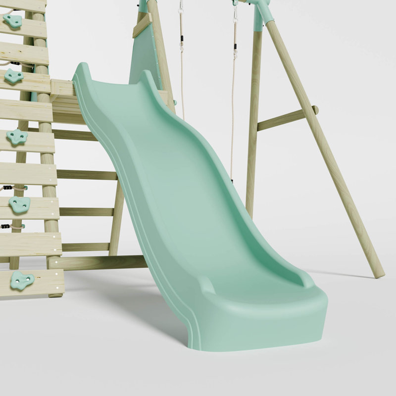 Mercia Wooden Round Pole Single Swing With Climbing Wall & Slide