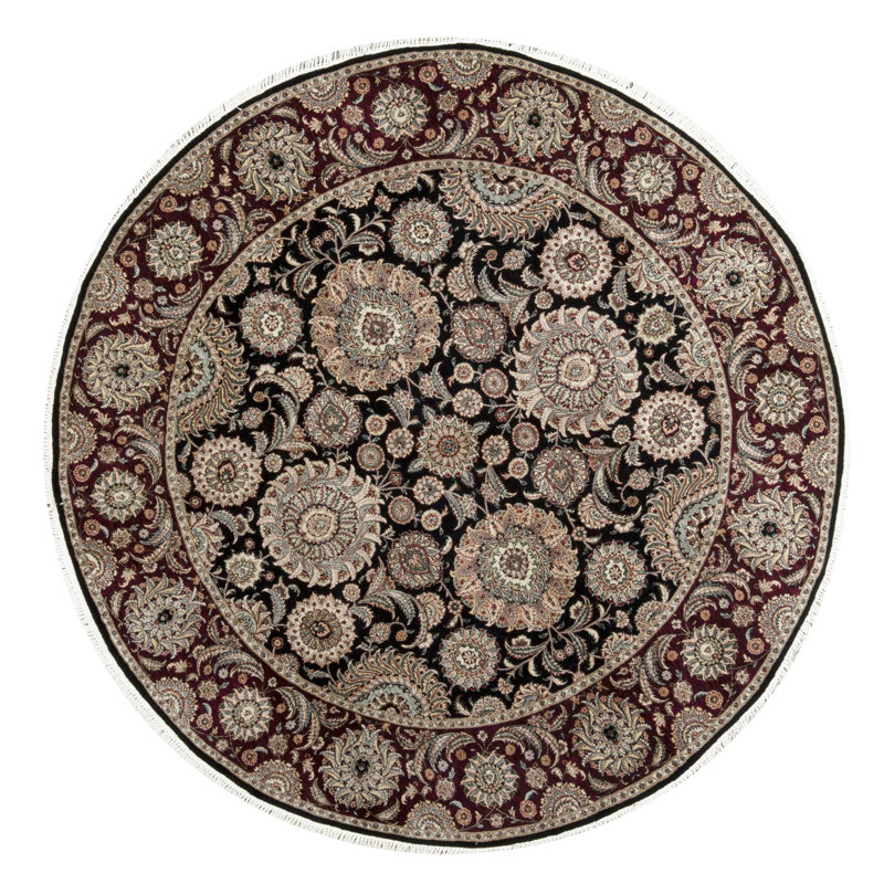 Tapis rond rouge, beige et noir noué à la main de haute qualité