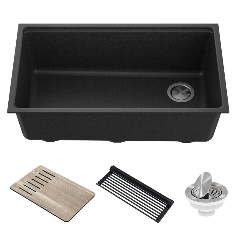 Évier de cuisine à simple cuve en composite à quartz encastrable avec accessoires Kraus Bellucci, Noir métallique