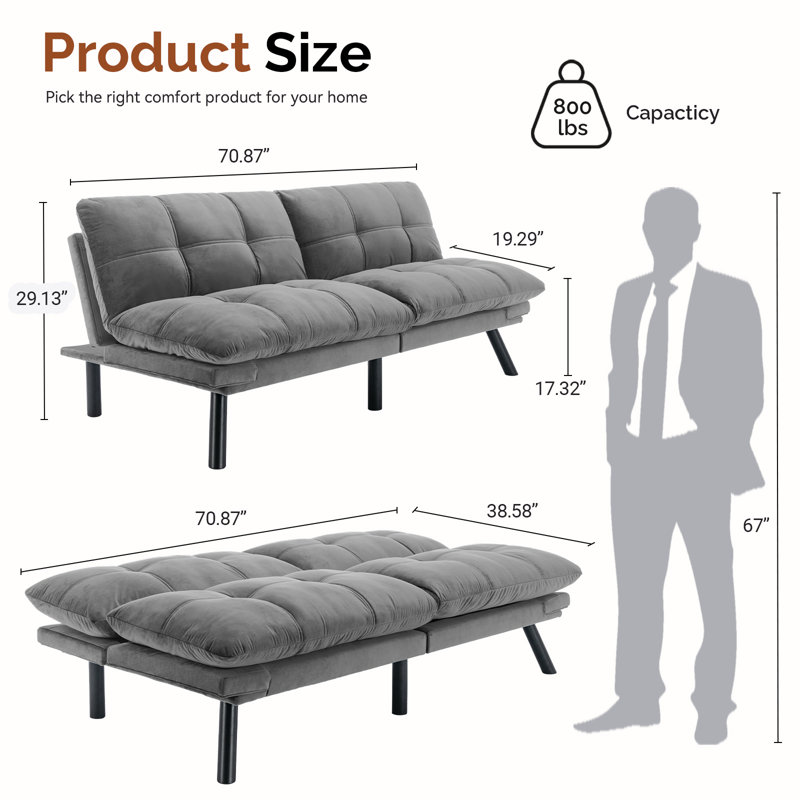 Convertible Folding Modern Sofa Bed, Light Gray Velvet, 29.13'' H x 70.87'' W x 38.6'' D